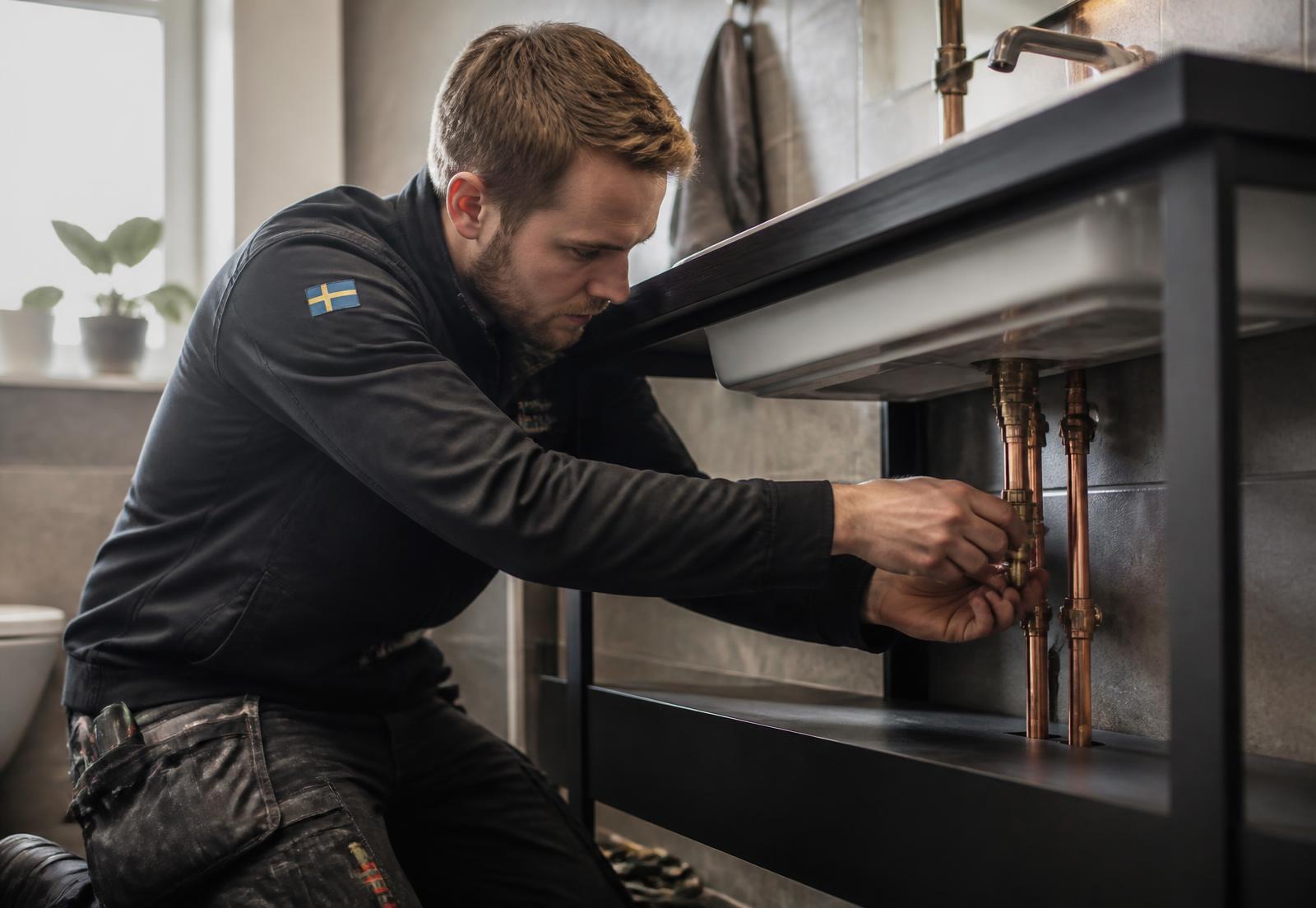 Rörmokare från CG Fastighet & VVS installerar kopparrör under ett tvättställ